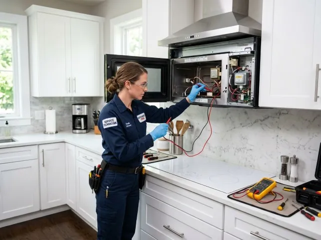 Appliance Repair Hero technician testing an over-the-range microwave in a Andover, KS kitchen